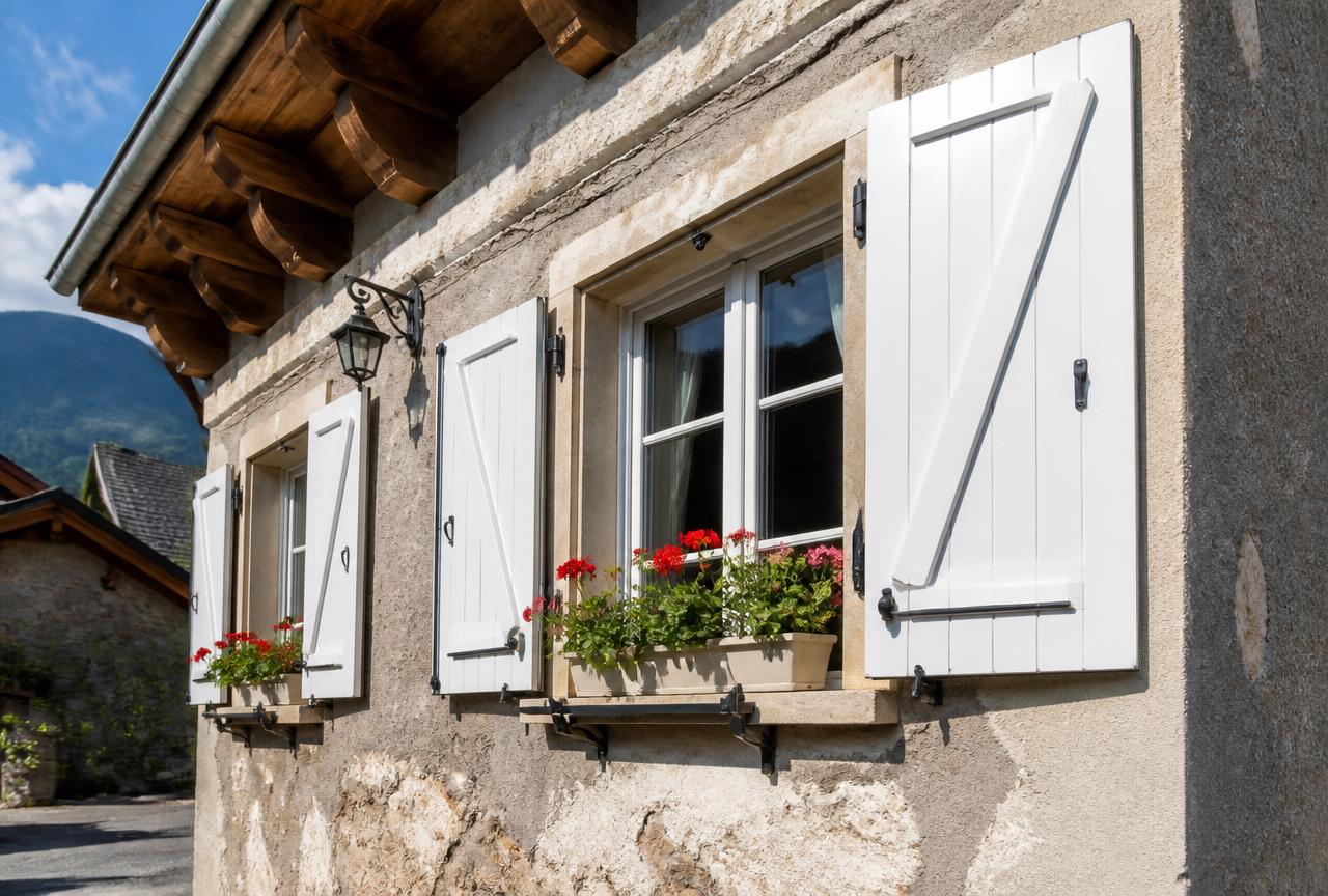 Volets battants blancs sur une façade en pierre de Haute-Savoie